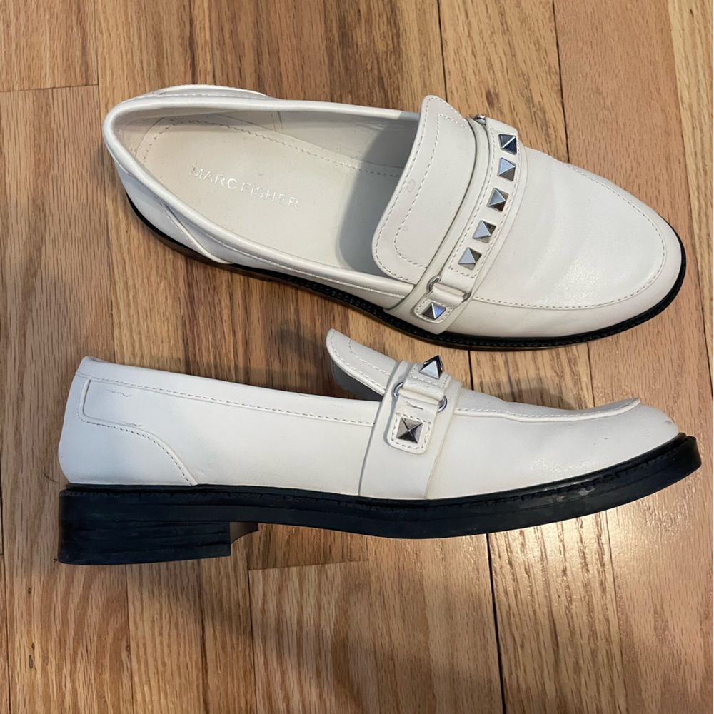 Marc Fisher White Studded Loafers